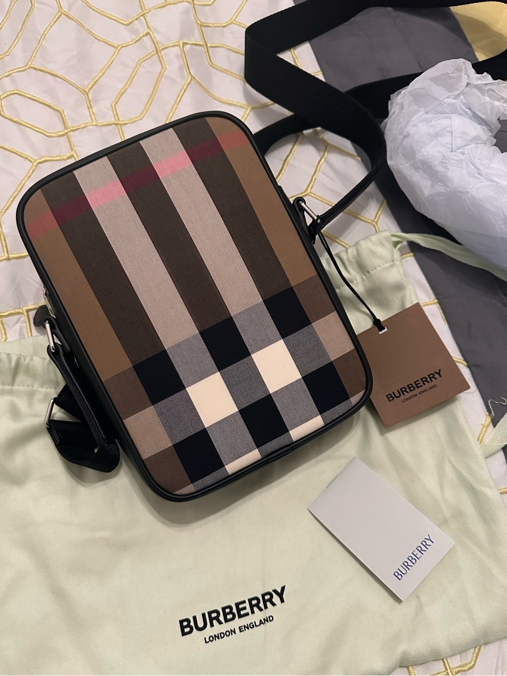 Burberry Check Canvas Crossbody Bag in Brown, Black, Cream